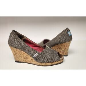 TOMS Women's Brown Fabric Cork Wedge Peep Toe Sandals Heels Shoes Platform Sz 7